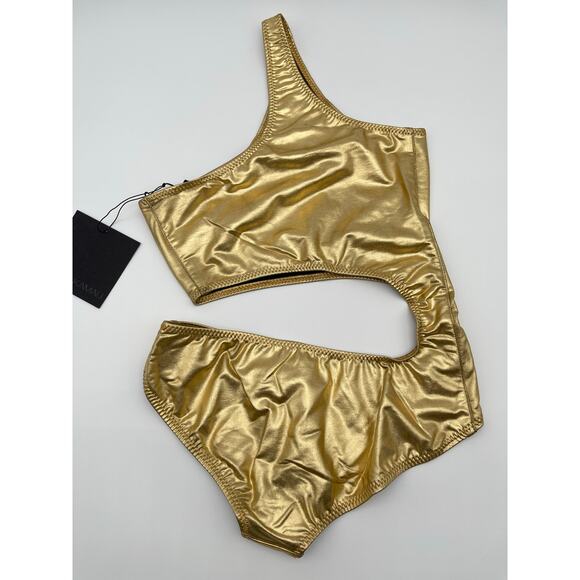 Norma Kamali | NWT Shane Metallic Gold Foil One Piece Bathing Suit Bodysuit S - Picture 4 of 13